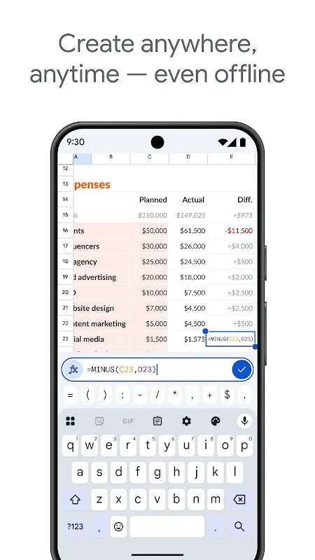 Google Sheets app screenshot 2