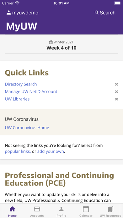 MyUW app screenshot 1